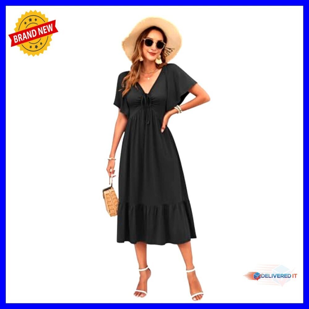 Summer Empire Waist Midi Dress V Neck Flutter Sleeve Casual Tiered - Picture 5 of 7